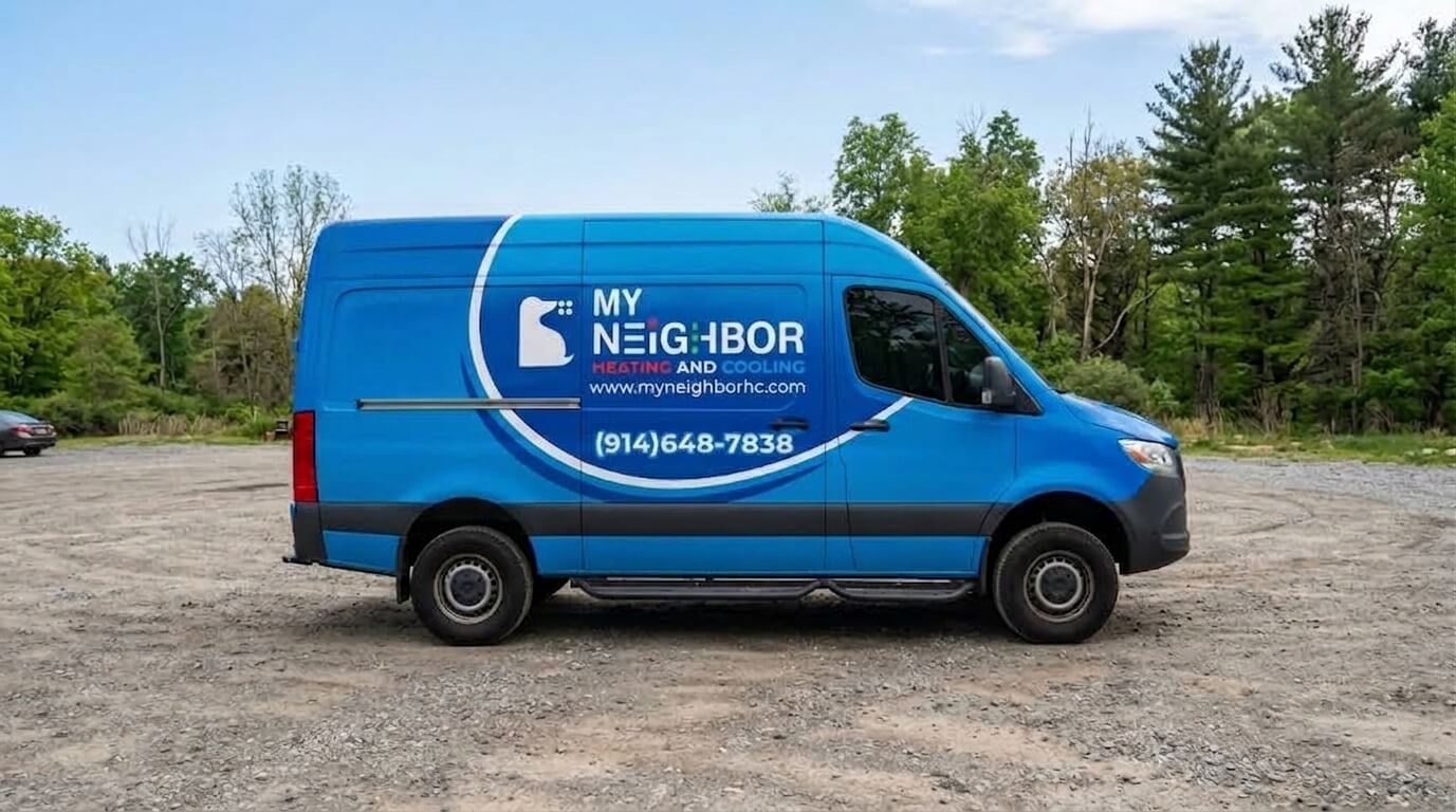 My Neighbor Heating and Cooling branded service van parked in the Hudson Valley.